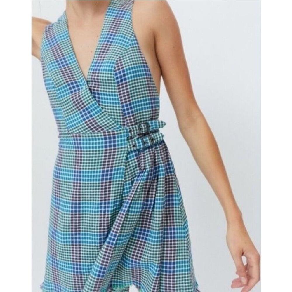 Urban Outfitters S/P Chandler Blue Green Gingham Plaid Linen Buckle Wrap Dress